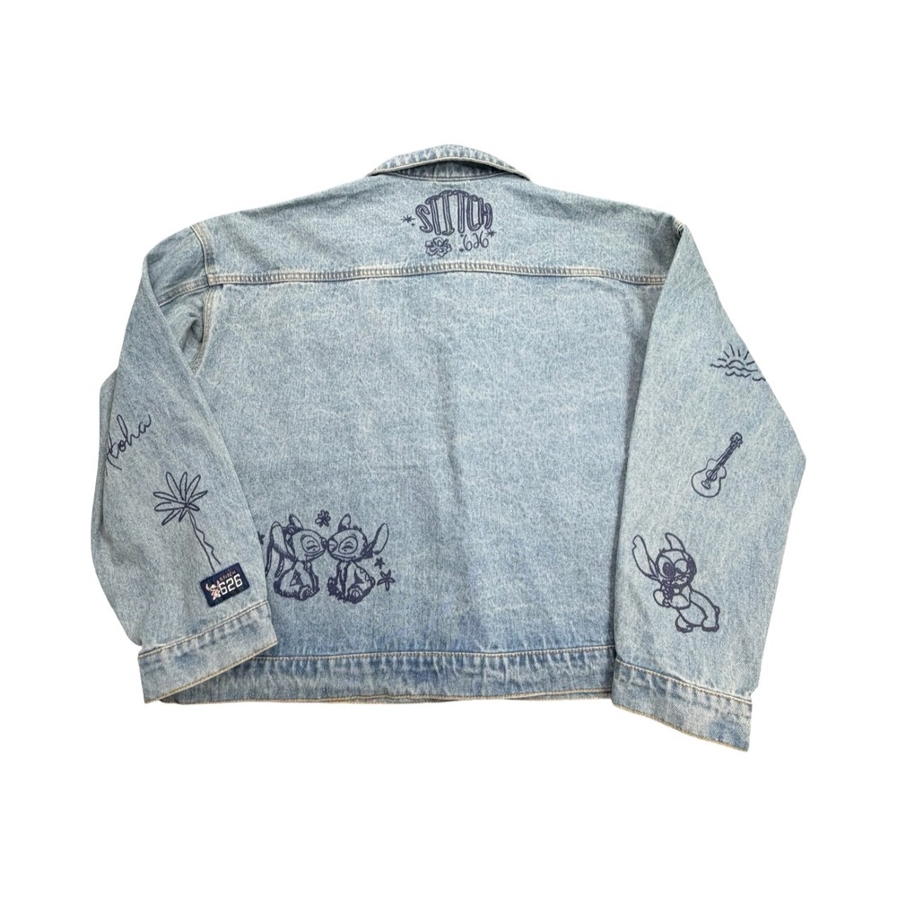 Disney Denim Jacket Womens L Blue Stitch Angel 626 Light Wash Embroidered Doodle - Picture 2 of 14